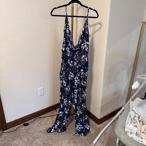 Long Wide Leg Romper Navy Blue with Flowers